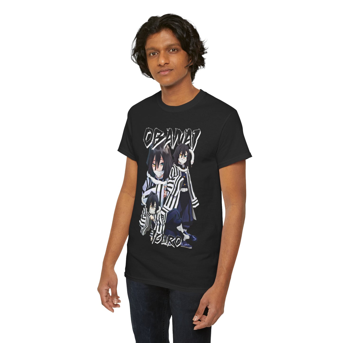 Luxurious black Obanai Iguro T-shirt showcasing a stunning graphic of the character in vibrant detail, ideal for anime enthusiasts desiring a stylish statement piece.