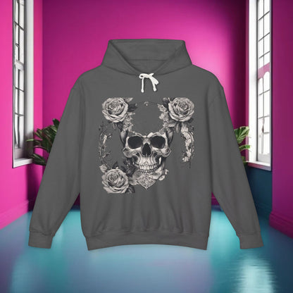 Unisex Lightweight Hooded Sweatshirt in a dark hue, highlighting the unique designer skull and roses artwork, set against a striking pink interior, perfect for a stylish statement.
