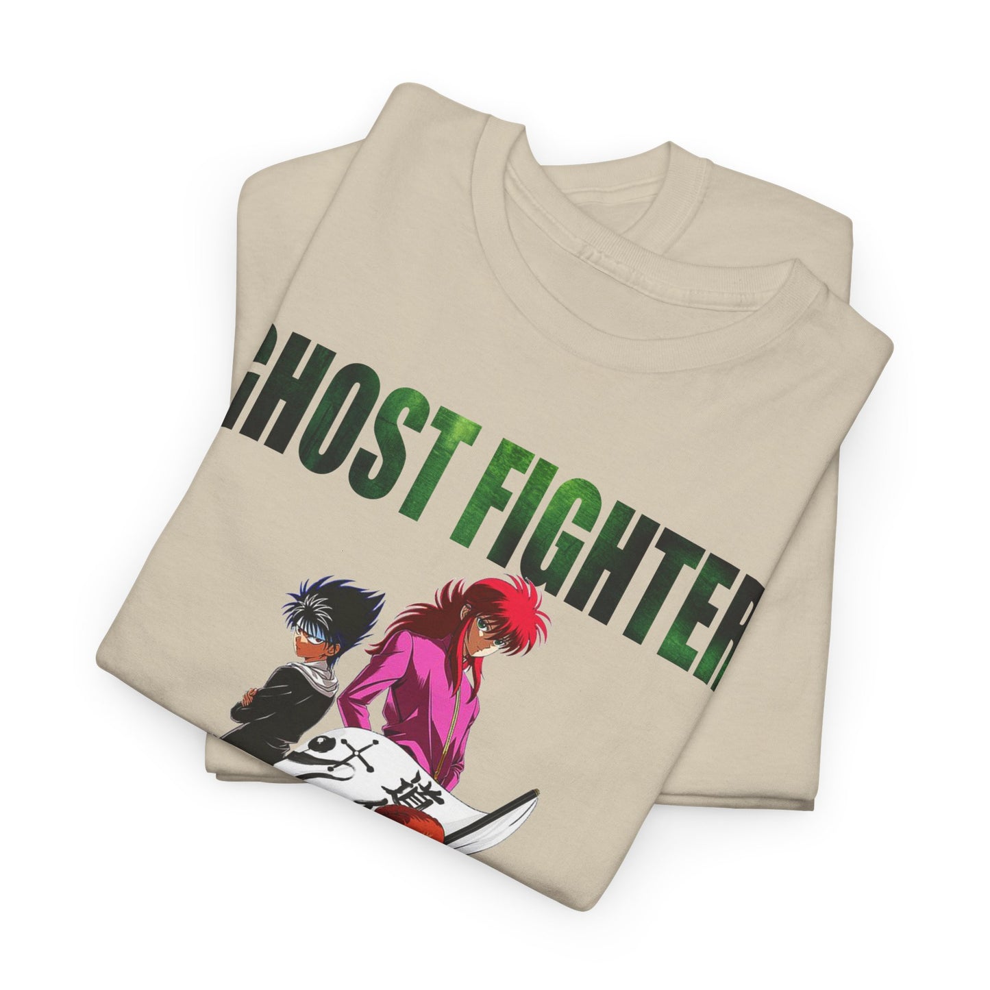 Luxurious Ghost Fighter graphic T-shirt showcasing vibrant anime character illustrations and bold ‘GHOST FIGHTER’ typography, ideal for stylish anime enthusiasts.