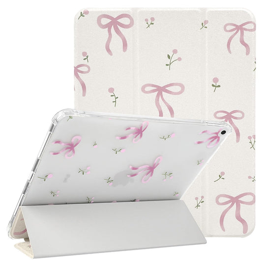 NITITOP Compatible for iPad 9/8/7 (2021/2020/2019 9th/8th/7th Generation 10.2-Inch) Case with Pencil Holder Cute Floral Bow Ribbon Trifold Stand Soft