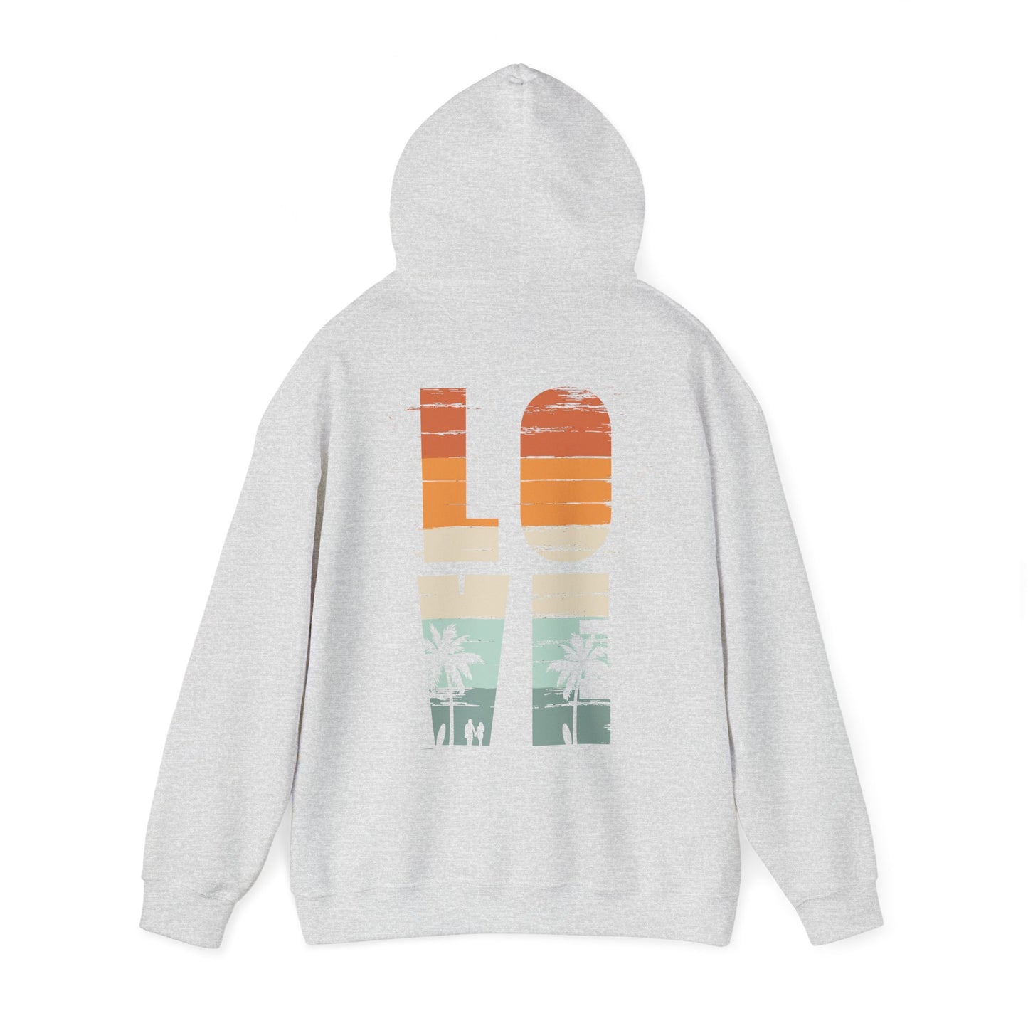 Stylish Vintage Love Hoodie in heather grey, adorned with a captivating graphic of 'LOVE' against a beachy backdrop, suitable for a relaxed yet refined wardrobe.