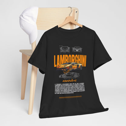 Stylish Lamborghini Aventador graphic T-shirt elegantly placed on a wooden chair with a white cap, highlighting high-end fashion and automotive passion.
