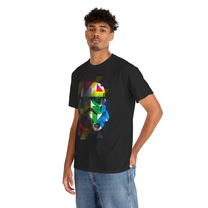 Stylish male model wearing an artistic Stormtrooper helmet graphic T-shirt, featuring a colourful geometric design, perfect for a fashionable casual look.