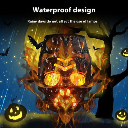 Elegant Solar Skull Simulation Flame Lamp designed for Halloween celebrations, showcasing waterproof features with raindrops on the lamp, set against a spooky backdrop.