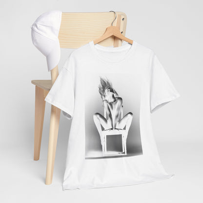 Artfully displayed white graphic t-shirt with a striking black and white design, emphasizing playful sophistication, showcased with a minimalist background.
