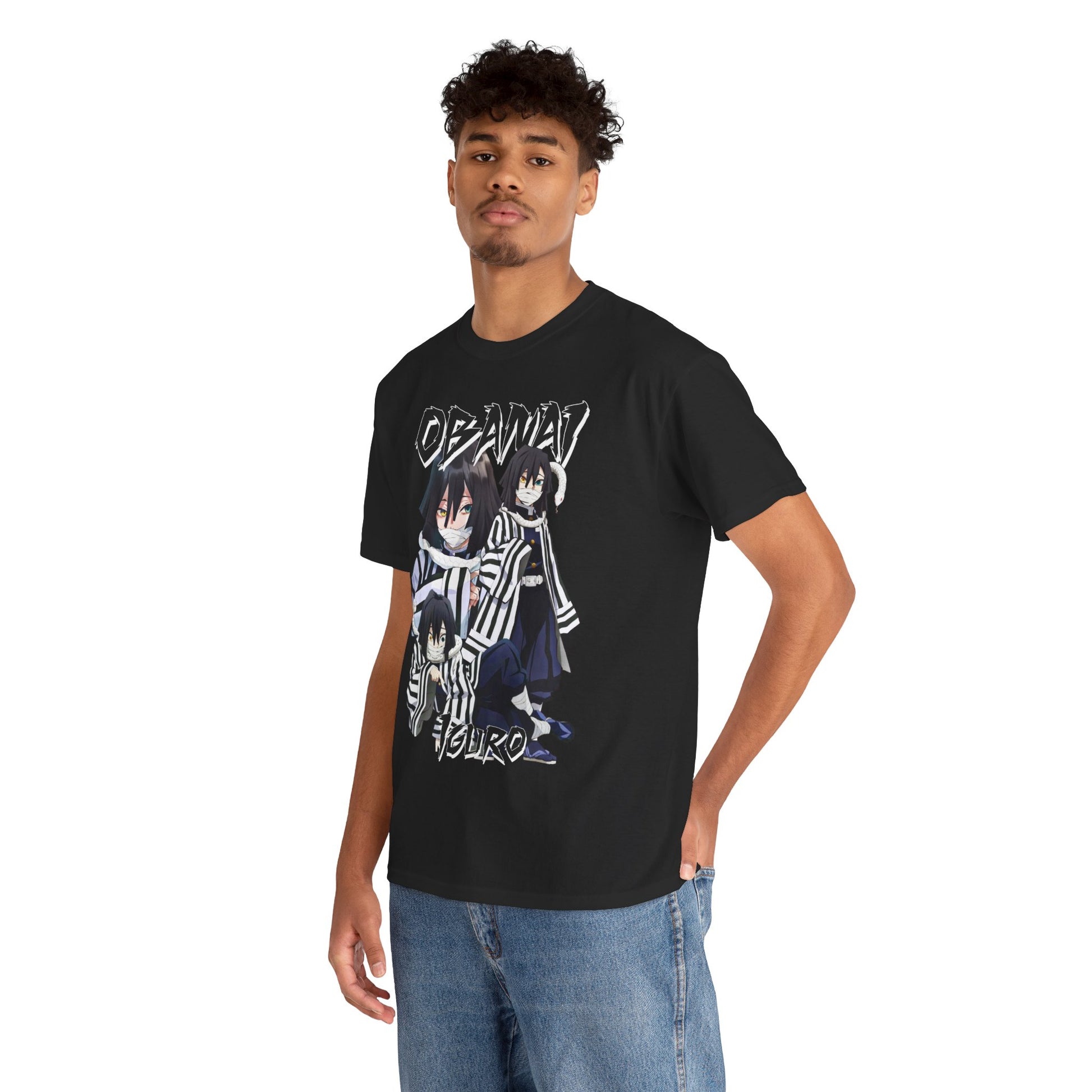 Stylishly modelled black T-shirt displaying a vibrant design of Obanai Iguro, worn by a fashionable individual, reflecting a blend of anime culture and luxury style.