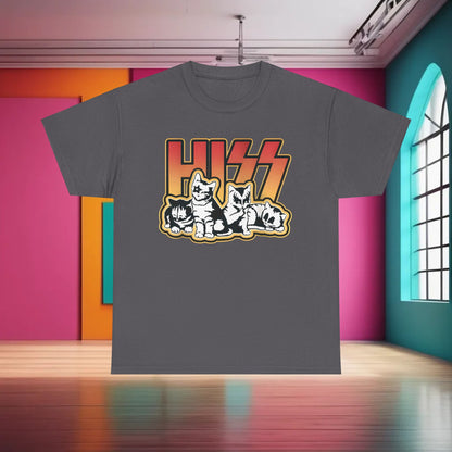Elegant urban cotton tee showcasing the 'HISS' graphic design with minimalist feline artwork, perfect for expressing a unique style, set in a trendy environment.