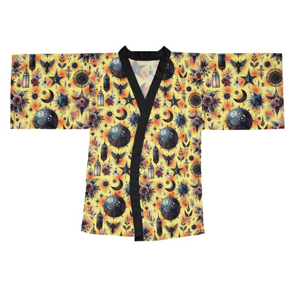 Floral Kimono Robe featuring a vibrant boho chic design with celestial motifs, perfect for luxurious lounging.