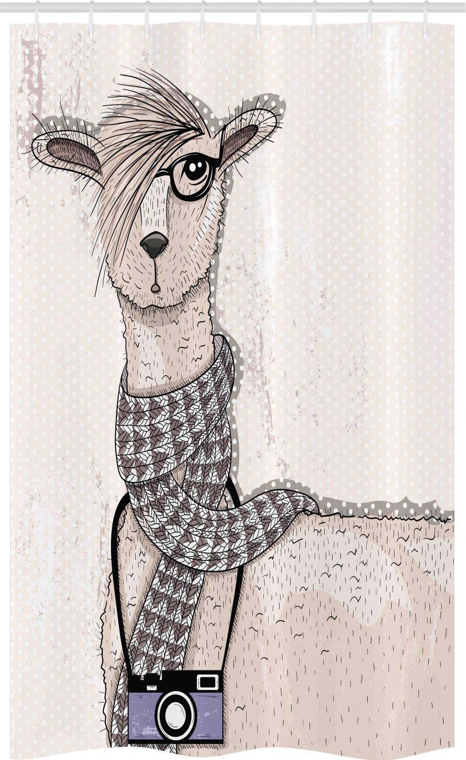 ABAKUHAUS Animal Stall Shower Curtain, Llama with Camera Scarf and Glasses Hipster Animal on a Dotted Beige Background, Fabric Bathroom Decor Set with