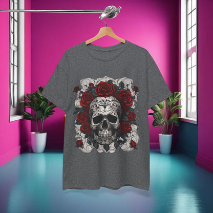 Stylish presentation of Skulls and Roses Cotton Tee elegantly displayed in a vibrant setting, showcasing its unique design and trendy aesthetic.