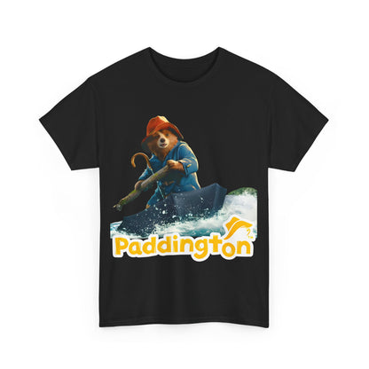 Chic black Paddington Bear in Peru Graphic Unisex T-Shirt, beautifully displaying an artistic representation of Paddington Bear amidst stylised yellow text, ideal for art and Bear enthusiasts.
