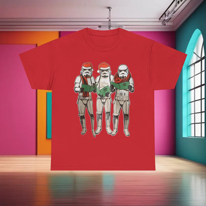 Luxury Carol Singing Stormtroopers Star Wars Graphic T-Shirt in vibrant red, featuring iconic Stormtroopers harmonising adorned with festive accessories, perfect for urban unisex fashion.