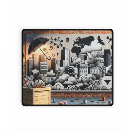 Graffiti Whisper Fusion Mat - Desk | Mouse Mat featuring elegant urban artistry with a monochrome cityscape, creating a luxurious workspace environment.
