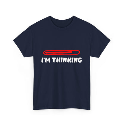 Stylish navy men's T-shirt displaying the phrase 'I'M THINKING' with a chic red progress bar, perfect for making a statement.