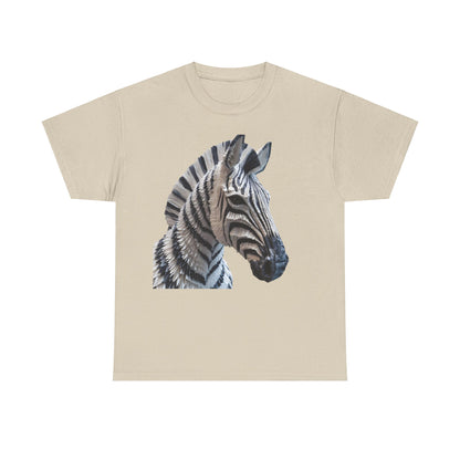 Zebra Elegance Unisex Graphic T-Shirt showcasing a luxurious close-up of a meticulously crafted zebra sculpture against a soft beige background.