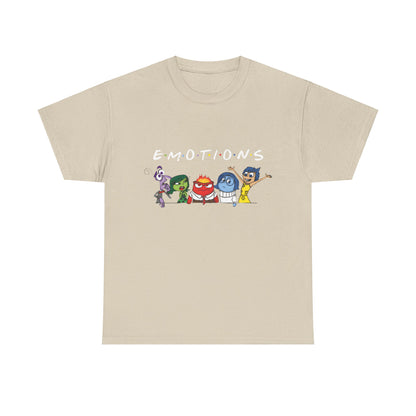 Inside Out Friends Humorous Graphic Unisex Tee Shirt showcasing the iconic emotions characters on a soft beige fabric, elegantly illustrating the term 'EMOTIONS' in a playful style.