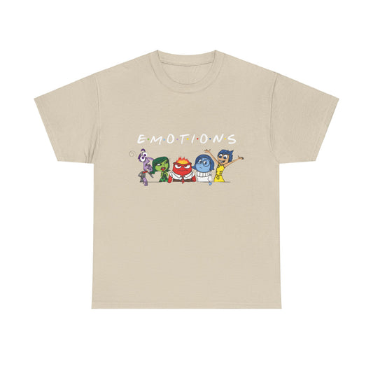 Inside Out Friends Humorous Graphic Unisex Tee Shirt showcasing the iconic emotions characters on a soft beige fabric, elegantly illustrating the term 'EMOTIONS' in a playful style.