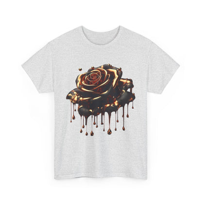 Close-Up Abstract Rose Unisex Cotton Tee Graphic T Shirt showcasing an artistic rose design dripping with molten bronze, set against a light grey fabric background.