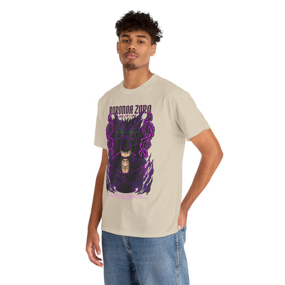 Stylish model wearing a high-quality beige Roronoa Zoro graphic tee, featuring a striking anime-inspired design with vibrant purple energy and bold typography, ideal for fashion-forward fans.