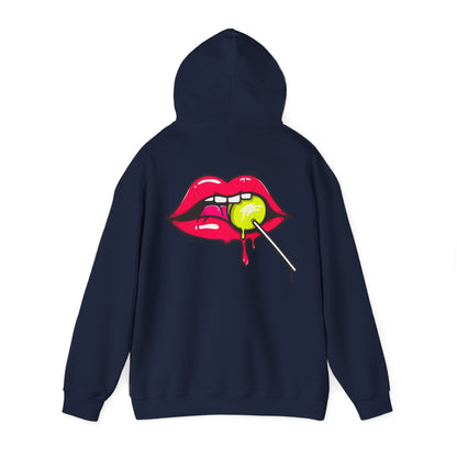 Luxurious back print hoodie featuring a bold graphic of luscious red lips and a vibrant green lollipop, perfect for adding a playful touch to any outfit.