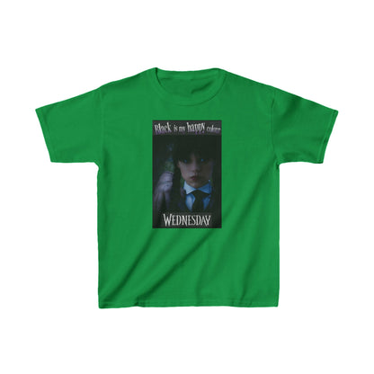 Luxurious unisex graphic tee shirt featuring Wednesday Addams with the phrase 'Black is my happy color' on an elegant green background.