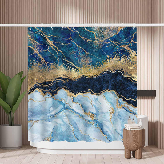 Woutay Shower Curtain Mould Proof Resistant Blue Marble Texture,Water Repellant Fabric,Polyester,with 12 Plastic Hooks,Size 180x180CM