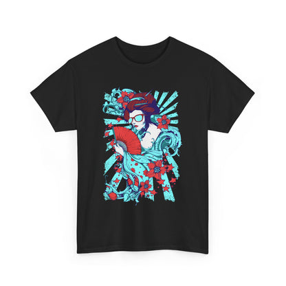 Artful black men's t-shirt adorned with a captivating illustration of a geisha, blending traditional elements with modern style.
