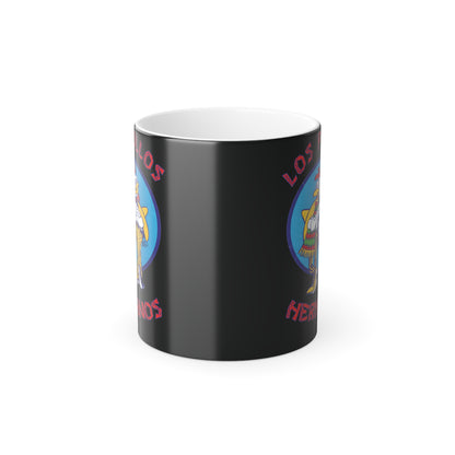 Side view of Breaking Bad Los Pollos Hermanos 11oz Colour Morphing Mug, featuring a sleek black design and eye-catching vibrant logo, ideal for a luxurious coffee experience.