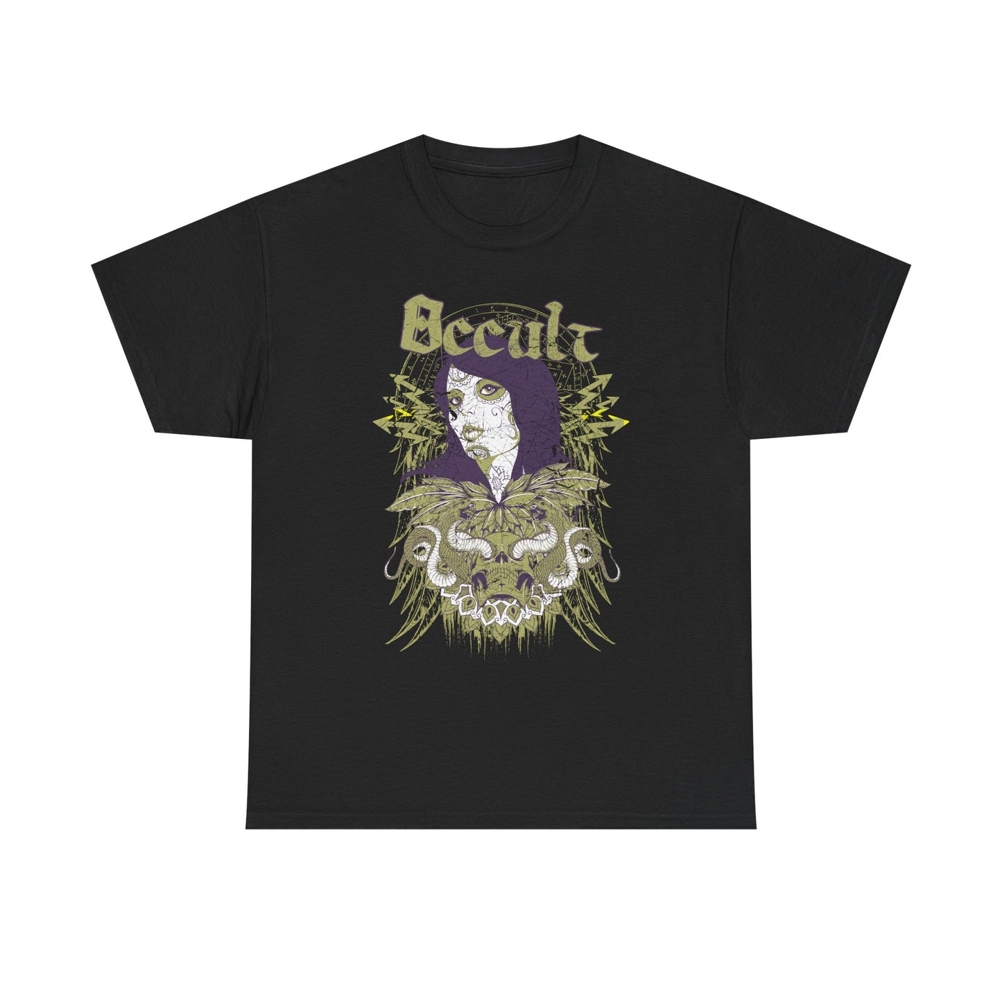 Elegant black graphic t-shirt showcasing a detailed Day of the Dead skull design with enchanting wings and graceful snakes, highlighted by the stylish word 'Occult' in striking typography.