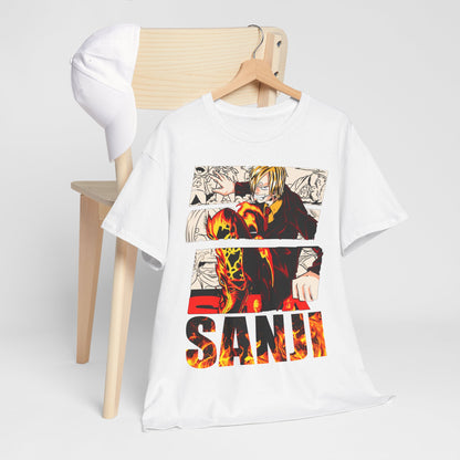 Chic Sanji graphic tee styled with a fashionable cap, showcasing vibrant artwork and ideal for anime enthusiasts seeking sophistication.