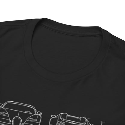Close-up view of the neckline of a stylish black T-Shirt for men featuring Bugatti Veyron design, showcasing technical drawings and specifications, luxurious automotive aesthetics.