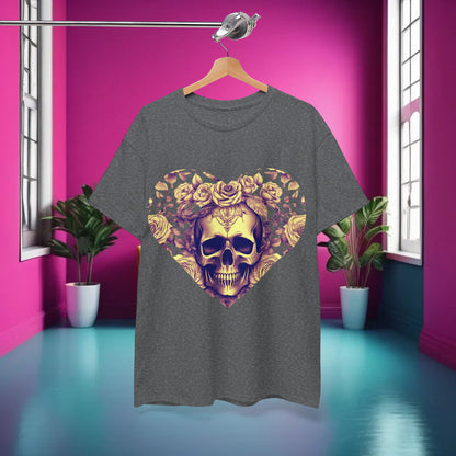 Luxury Skulls and Roses Cotton Tee displayed in a vibrant room, featuring an intricate skull design surrounded by roses, perfect for alternative fashion enthusiasts.