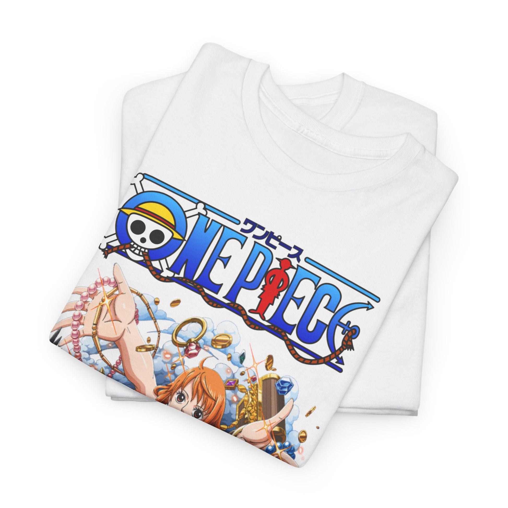 Folded white t-shirts displaying a captivating One Piece design with Nami, highlighting sparkling jewels and gold coins, perfect for any anime lover.