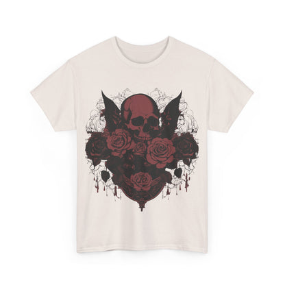 Front design of the Skulls and Roses Cotton Tee featuring striking steampunk-style artwork with skulls and roses, perfect for those seeking unique fashion.
