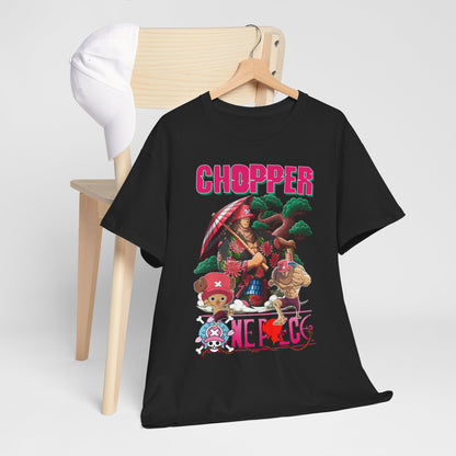 Artistic Chopper & Friends T-Shirt styled with a cap on a chic wooden chair, focusing on the bold graphic design of beloved anime characters in striking colours.