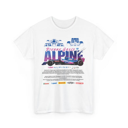 Chic white Alpine F1 Team Men’s T-Shirt, beautifully folded to reveal exquisite graphics of Pierre Gasly and the iconic BWT Alpine F1 Team logo, a must-have for discerning motorsport aficionados.