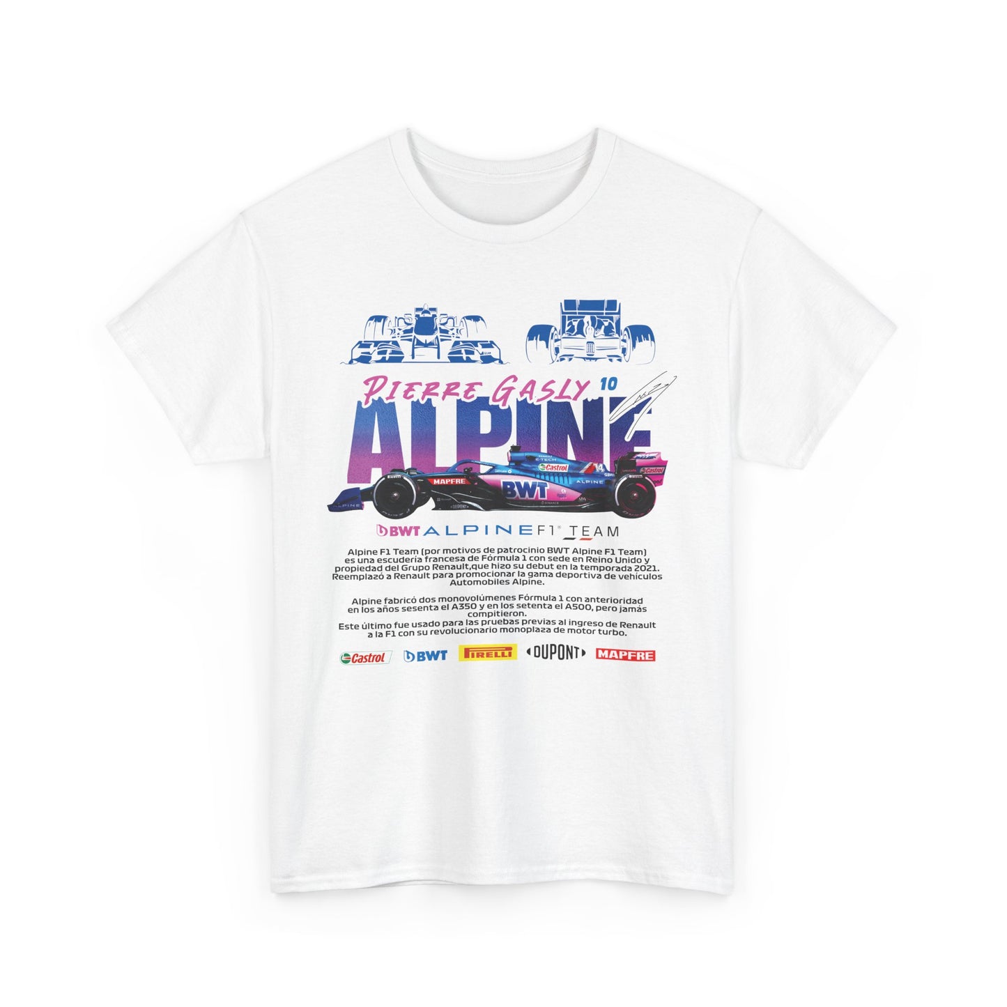 Luxurious Alpine F1 Team Men’s T-Shirt featuring a bold graphic design inspired by racing, showcasing Pierre Gasly's name and the iconic team logo.