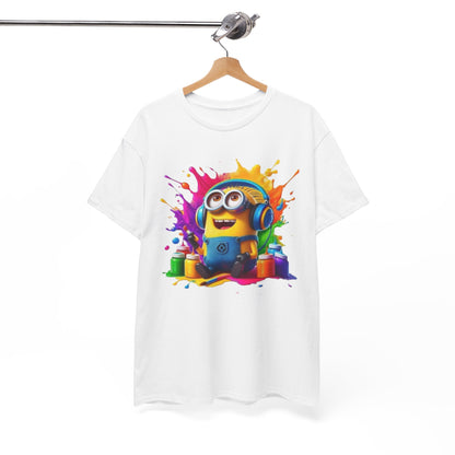 Men's Funny Minion Paint Splash T-Shirt on a hanger, showcasing a quirky Minion character surrounded by paint, making it a fantastic choice for fans wanting to add some fun to their attire. Great for Minion lovers!