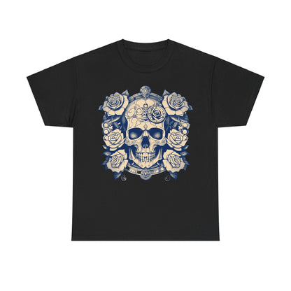 Sleek black Skulls and Roses Cotton Tee showcasing an elegant skull and rose design, perfect for elevating your wardrobe with edgy luxury.