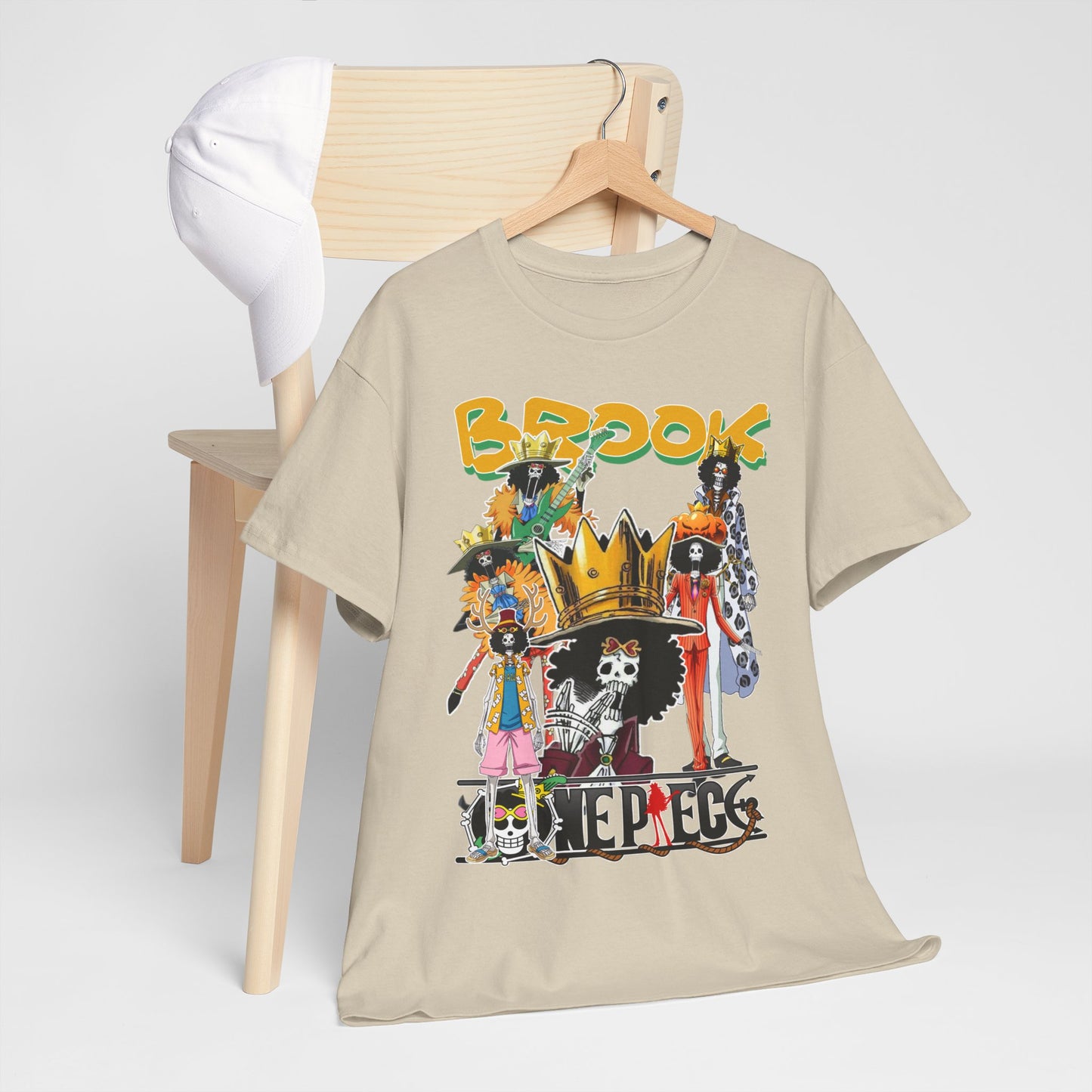 Elegant display of the Brook Anime T-Shirt paired with a chic white cap, highlighting its unique design and versatile styling options.