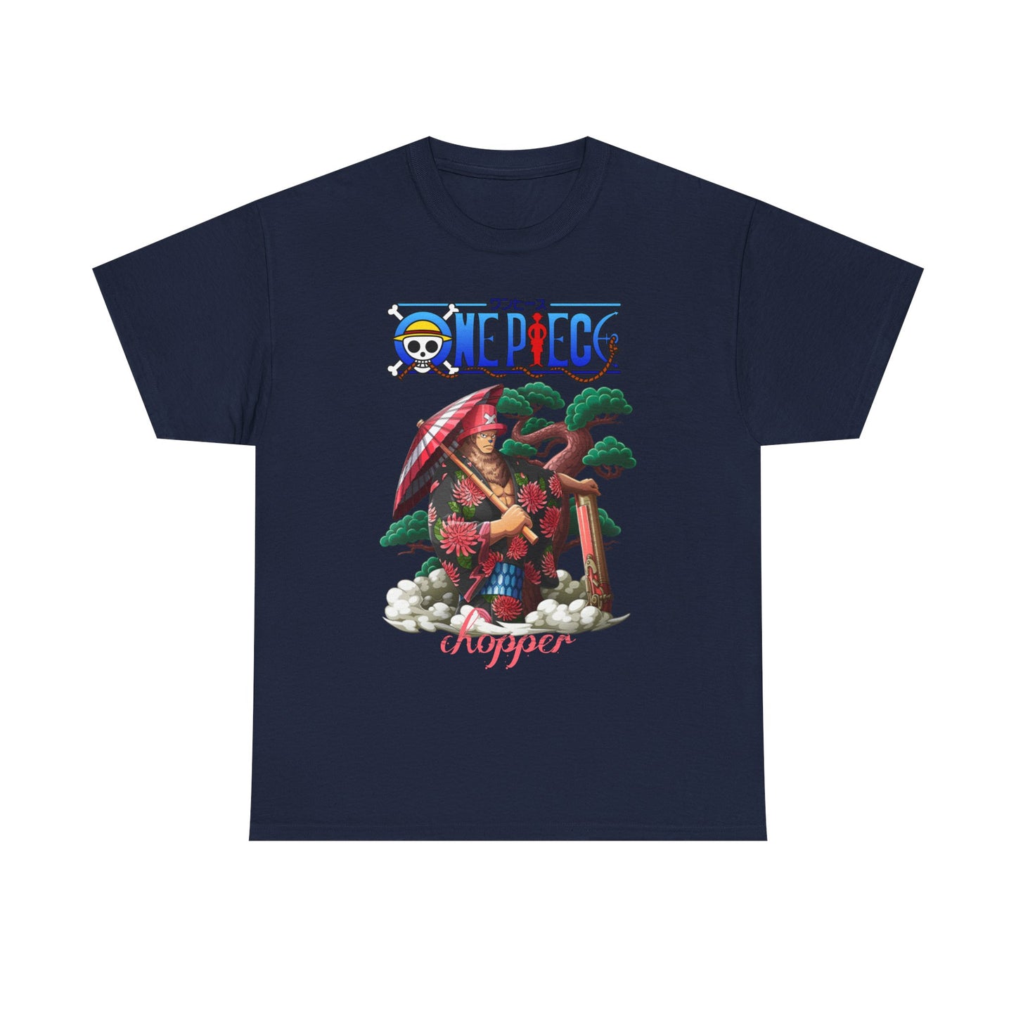 Stylish navy men's t-shirt highlighting a captivating artwork of Chopper from One Piece, elegantly dressed in traditional garb, enriched by a backdrop of flourishing trees and whimsical clouds.