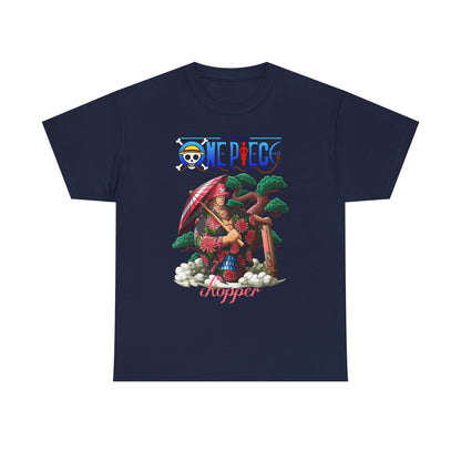 Stylish navy men's t-shirt highlighting a captivating artwork of Chopper from One Piece, elegantly dressed in traditional garb, enriched by a backdrop of flourishing trees and whimsical clouds.