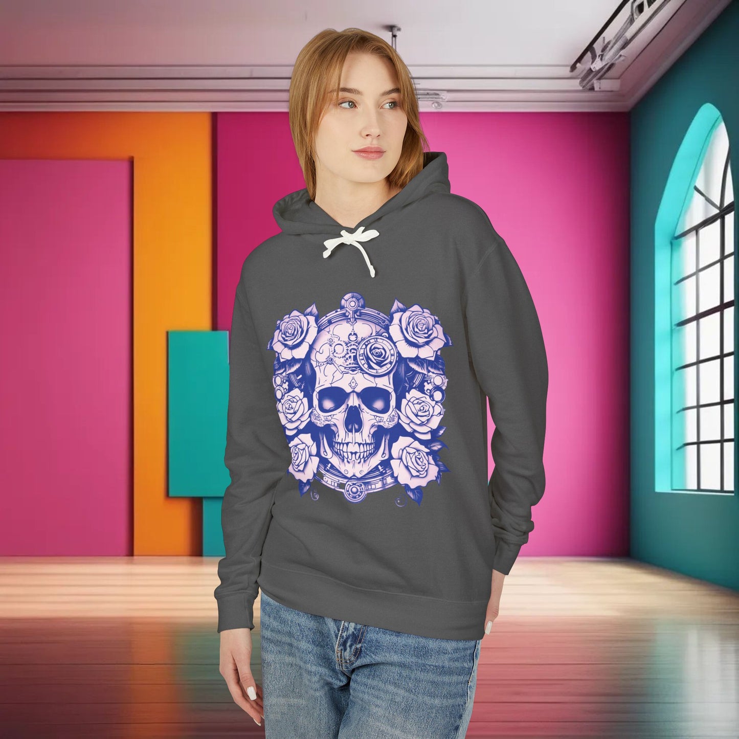 Steampunk Skull Roses Lightweight Hoodie, Unisex Streetwear Sweatshirt, Trendy