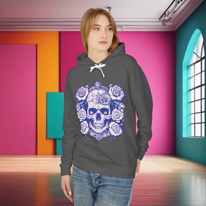 Front view of a model wearing the trendy Steampunk Skull Roses Lightweight Hoodie, featuring a striking skull and roses design, in a luxurious setting.