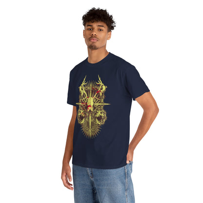Fashionable model wearing a Men's Artistic Skull T-Shirt with antlers, exemplifying luxury and individuality in casual wear, complementing a contemporary lifestyle.