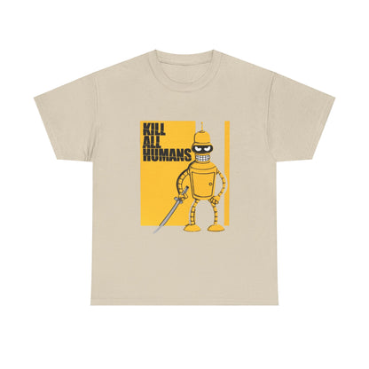 Sophisticated beige t-shirt showcasing an eye-catching illustration of a cartoon robot with a katana, accompanied by the bold text 'KILL ALL HUMANS'.