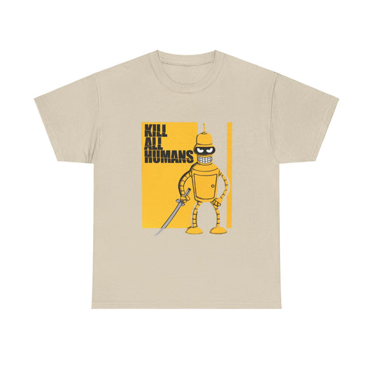 Sophisticated beige t-shirt showcasing an eye-catching illustration of a cartoon robot with a katana, accompanied by the bold text 'KILL ALL HUMANS'.