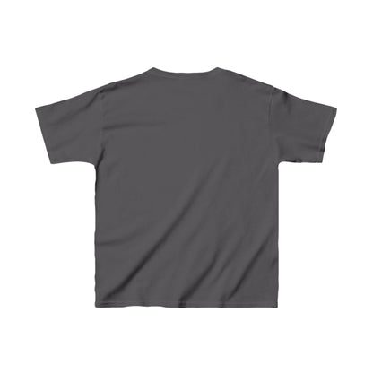 Sleek back view of the Childs Goofy Graffiti Vibe Unisex Graphic Tee Shirt in a sophisticated grey shade, designed for fashionable kids.