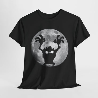 Exquisite black cotton graphic t-shirt featuring a striking silhouette of Taz the Tasmanian Devil, raised against an artistic full moon backdrop.