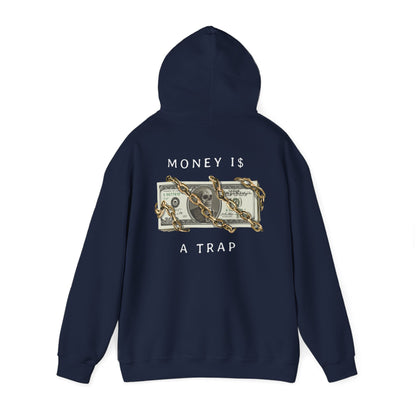Sophisticated navy hoodie with intricate back artwork of bill and chain graphics, expressing the concept 'Money is a Trap' for luxury casual wear.